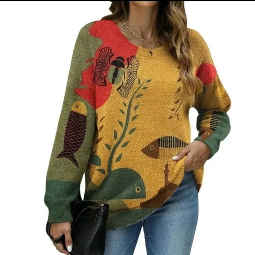 Wool Blend Sweater Plush Fish/ sea life  Print Outdoor Winter Oversized women’s